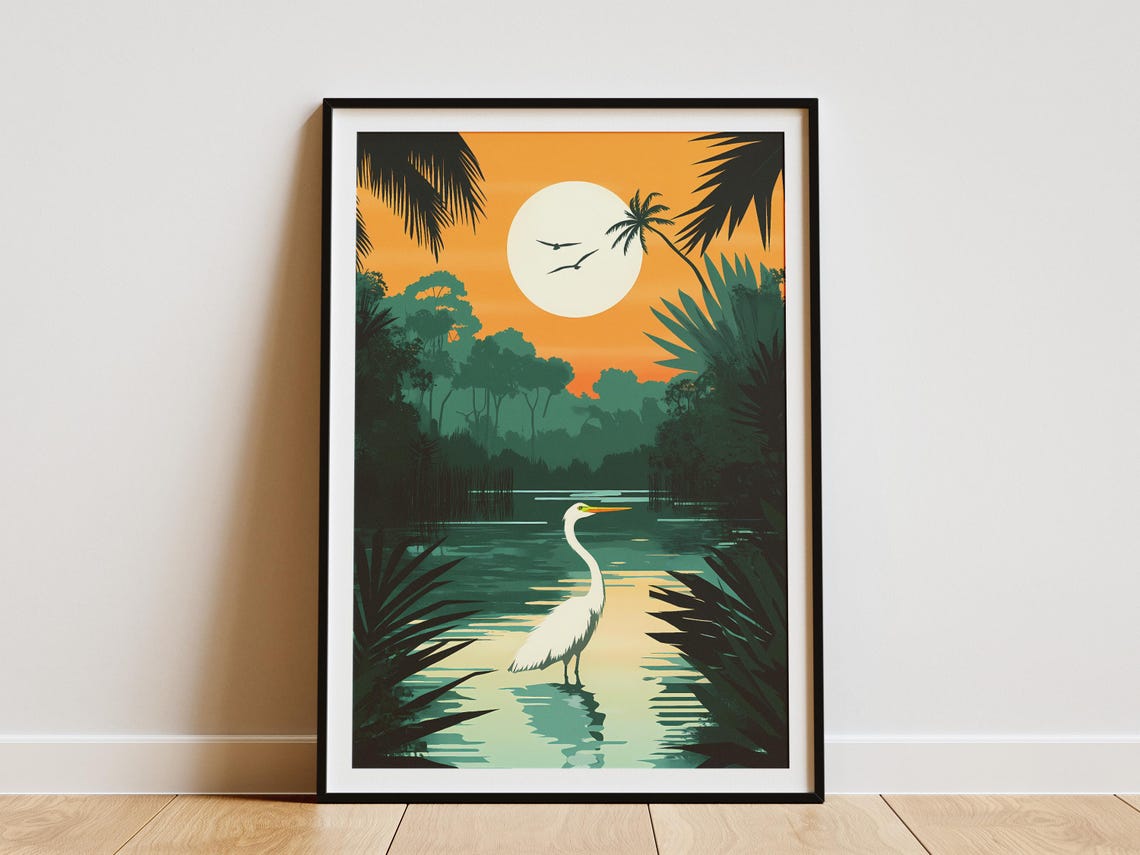Everglades Florida Great Egret Full Moon Wetland Night Poster