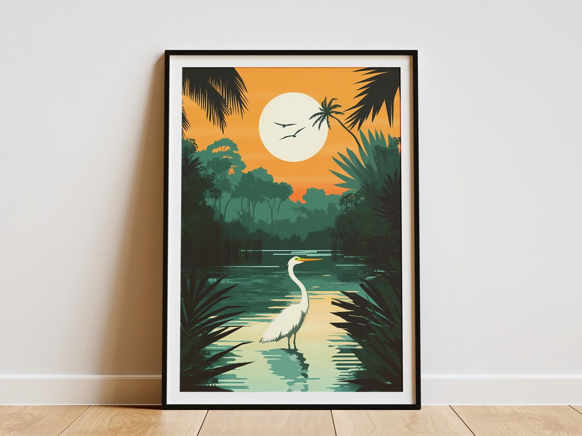 Everglades National Park Poster Florida Nature Print Retro Travel Poster Vintage Wildlife Art Bird Poster Great Egret Tropical Landscape