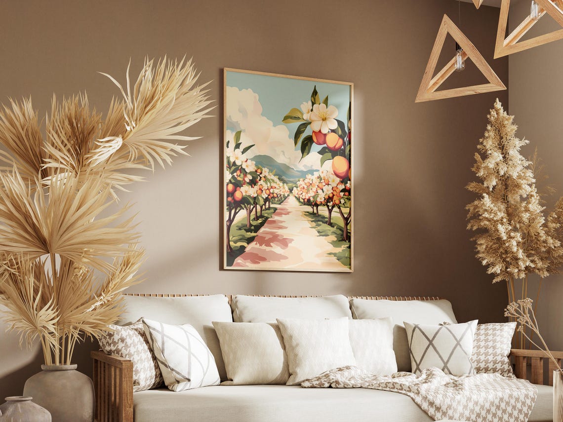 Sunny Citrus Orchard Path with Blossoms and Ripe Oranges Poster - Image 3
