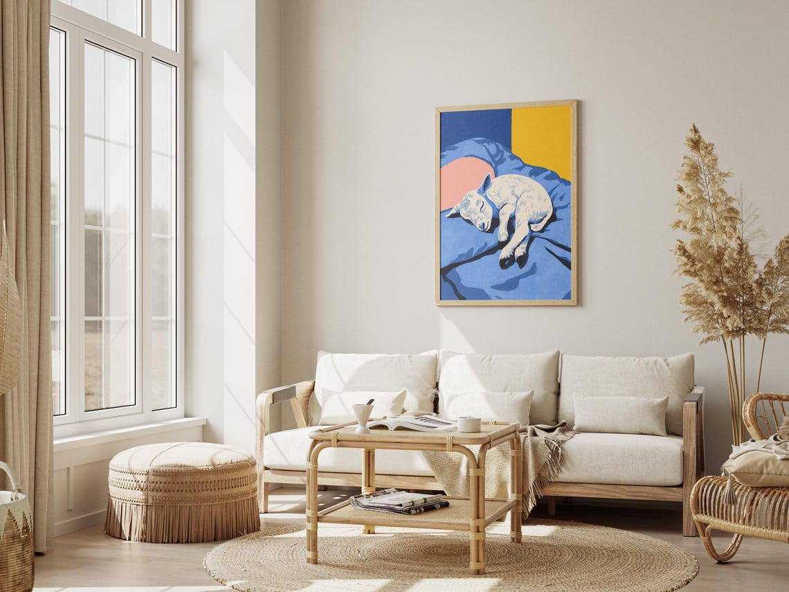 Cute Sleeping Baby Goat Kid on Blue Bed Matisse Style Poster - Image 3