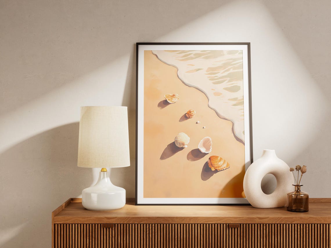 Seashells on Sandy Beach Surf Minimalist Coastal Summer Wall Art - Image 4