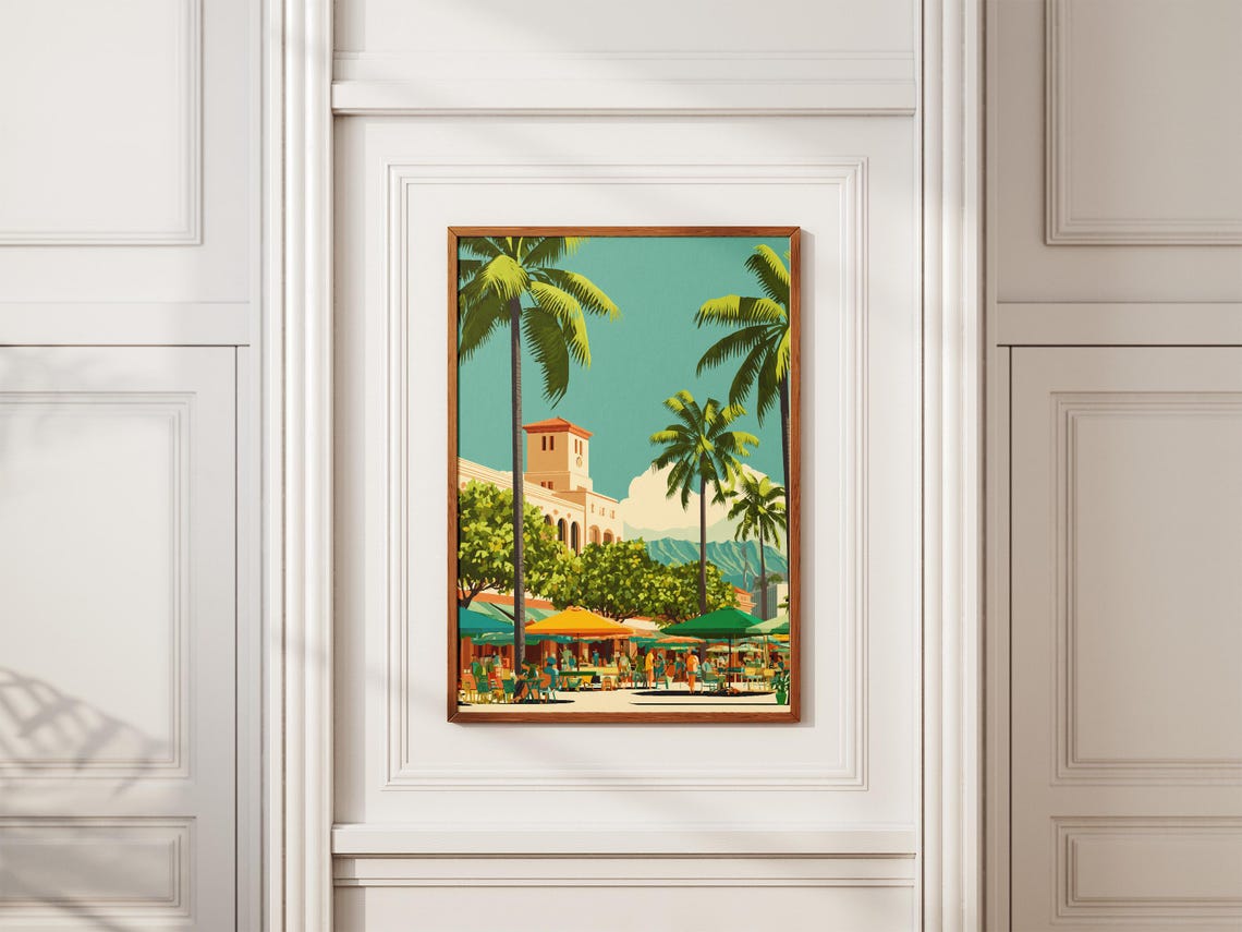 Vintage Tropical Town Square Palms Cafe Umbrellas Travel Poster - Image 2