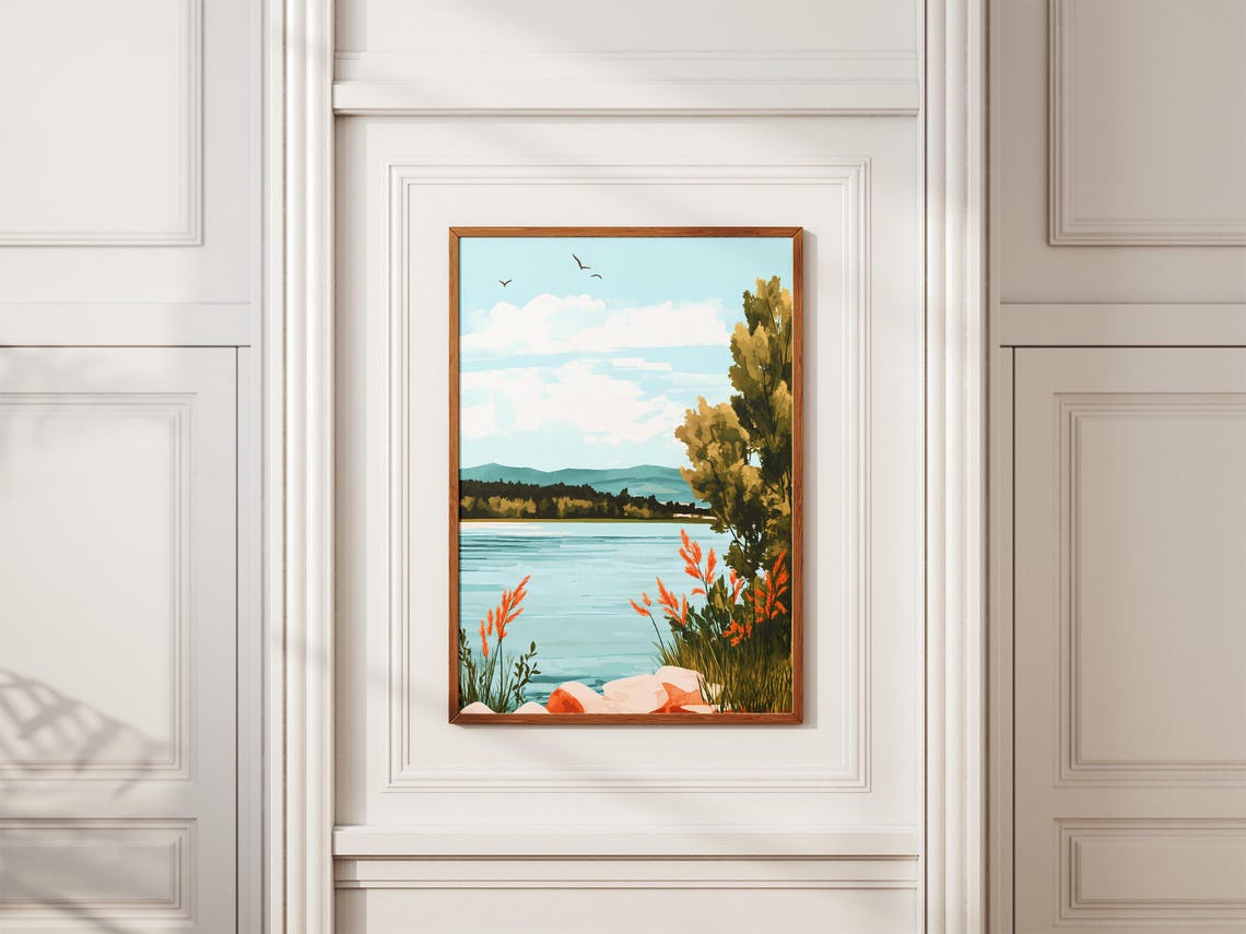 Lakeside Meadow With Red Grasses And Soaring Birds Landscape Poster - Image 2