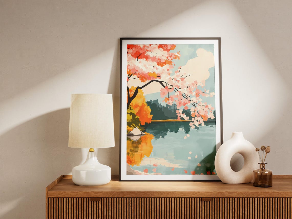 Cherry Blossom Lake Reflection Autumn Landscape Calm Water Poster - Image 4