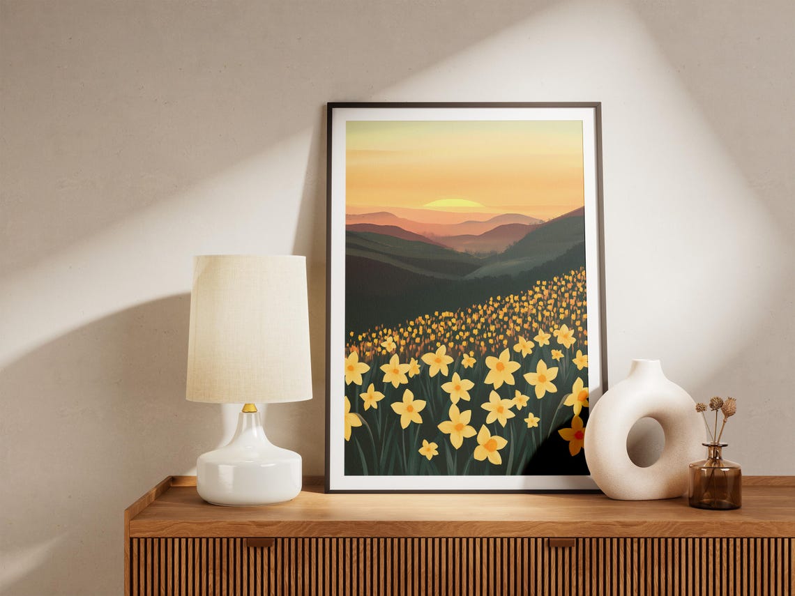 Yellow Daffodil Hillside Meadow at Golden Sunset Nature Art Poster - Image 5