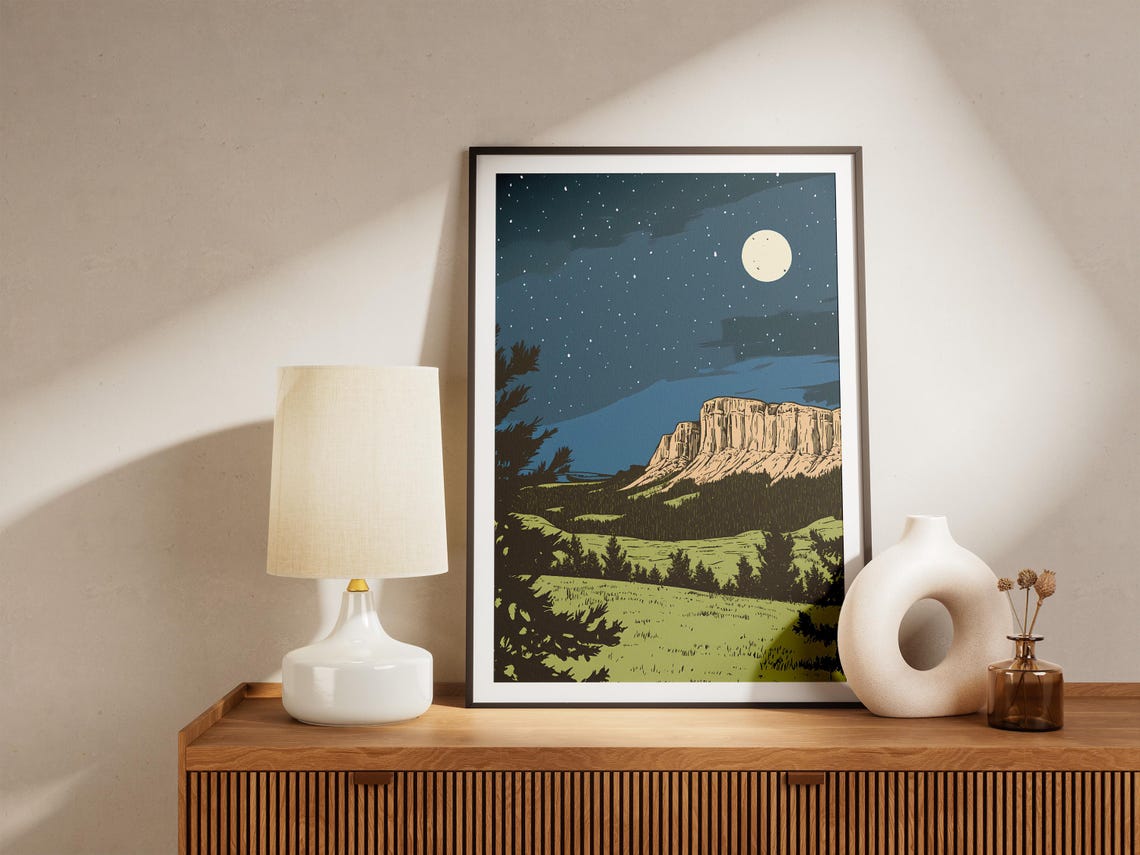Wind Cave National Park Moonlit Cliff Meadow Under Starry Sky Poster - Image 4