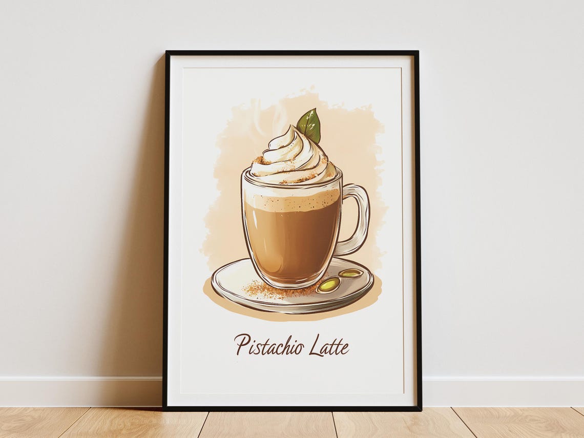 Pistachio Latte Whipped Cream Coffee Shop Cafe Illustration Poster