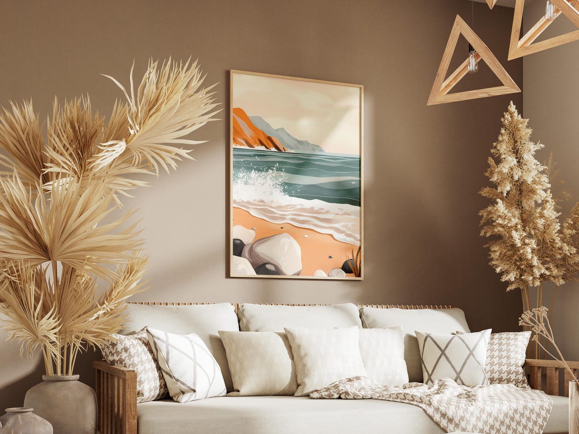 Rocky Beach Foamy Waves Orange Cliff Minimalist Coastal Art Poster - Image 3