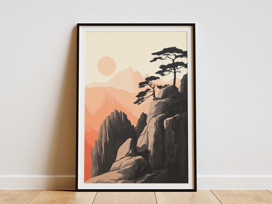 Sanqingshan National Park Pine Tree Cliff Peach Sunset Poster