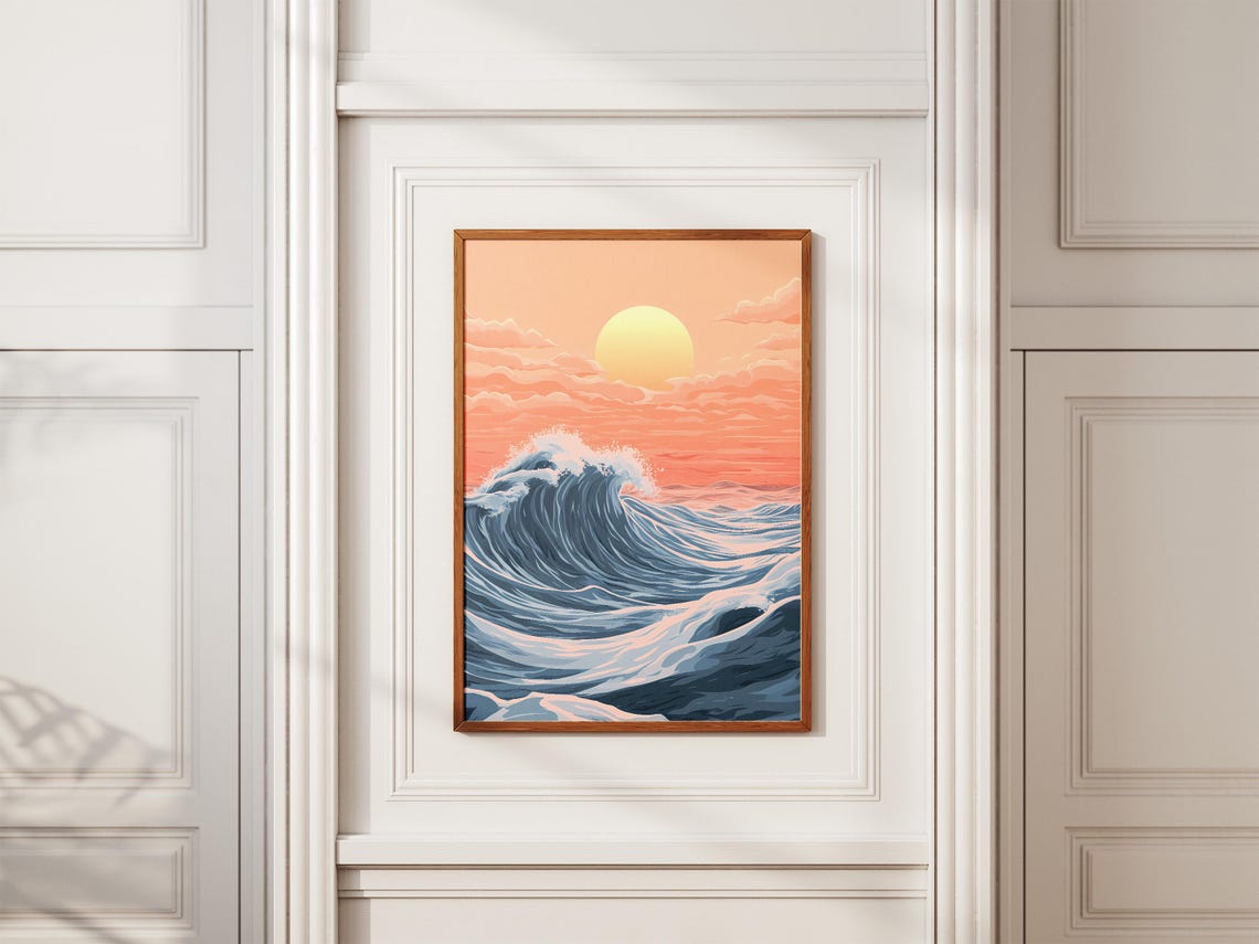Curling Blue Ocean Wave Beneath a Glowing Pink Sunset Sky Poster - Image 2
