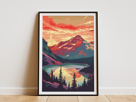 Glacier National Park Alpine Lake Sunset Vintage Travel Poster