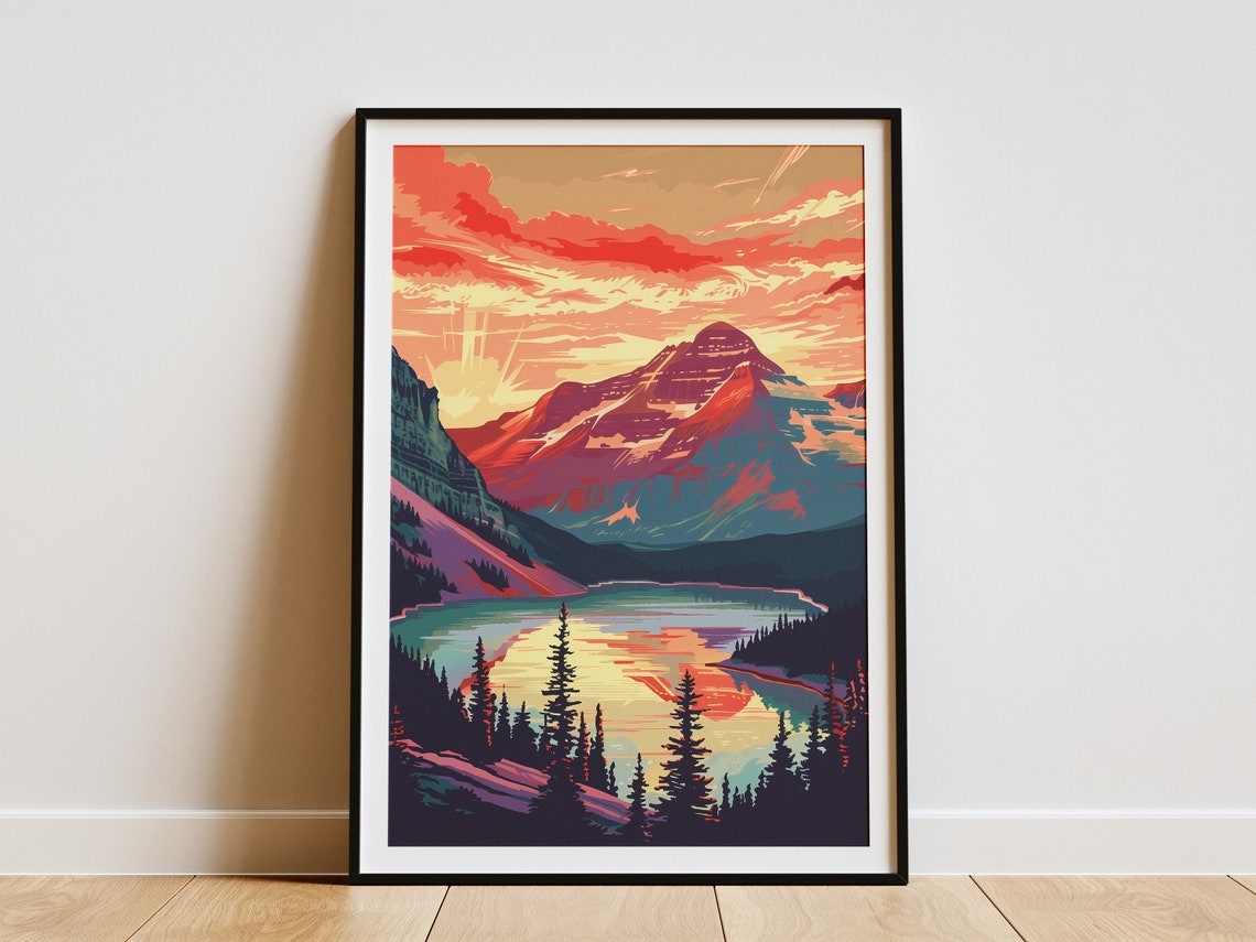 Glacier National Park Alpine Lake Sunset Vintage Travel Poster