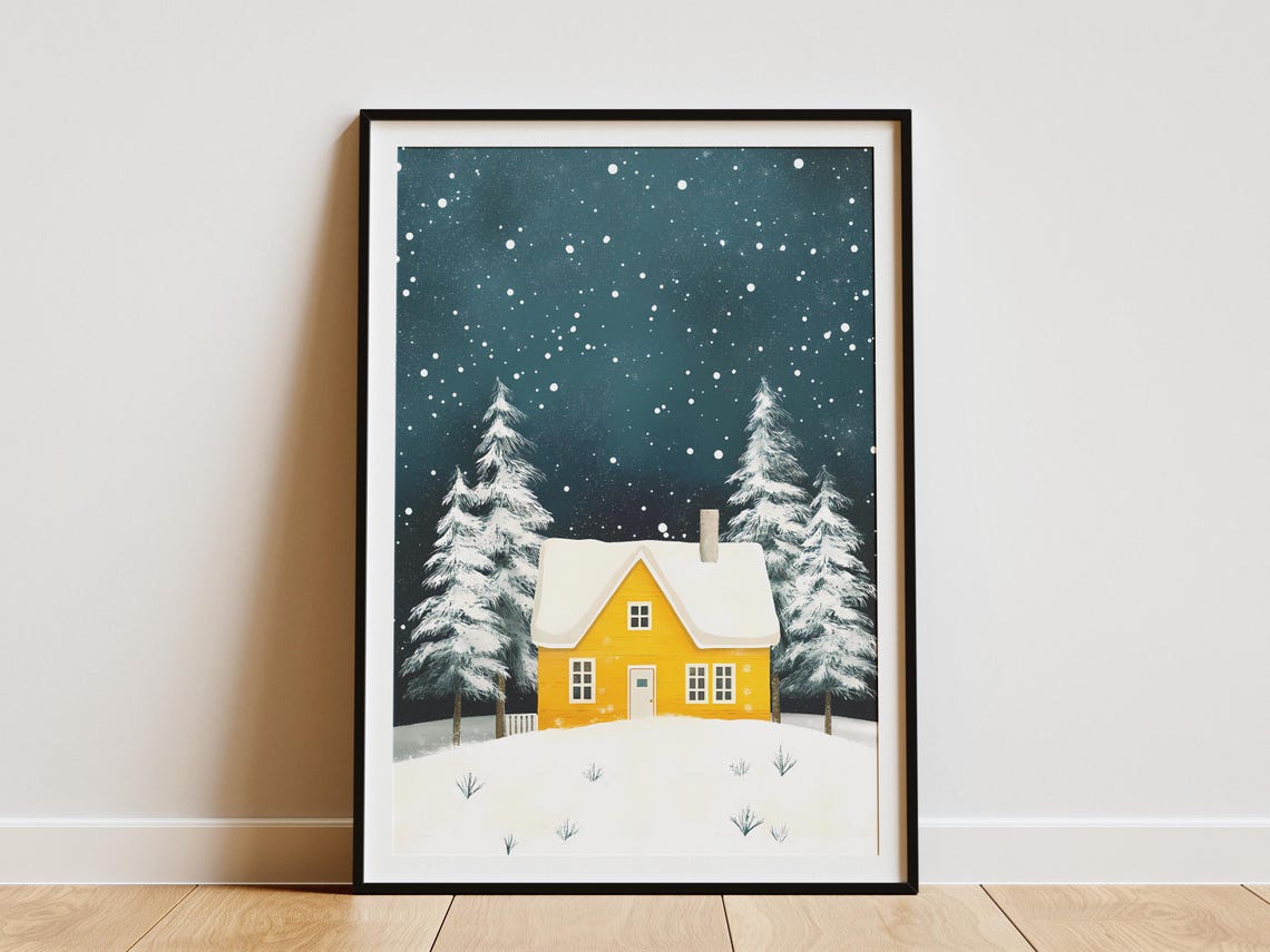 Bright Yellow Cottage Snowy Night Winter Forest Cabin Poster