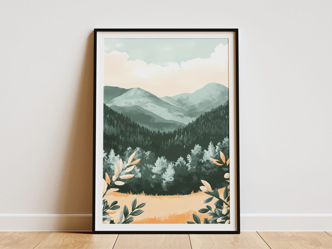 Misty Pine Forest Mountains Rising Above a Golden Meadow Poster
