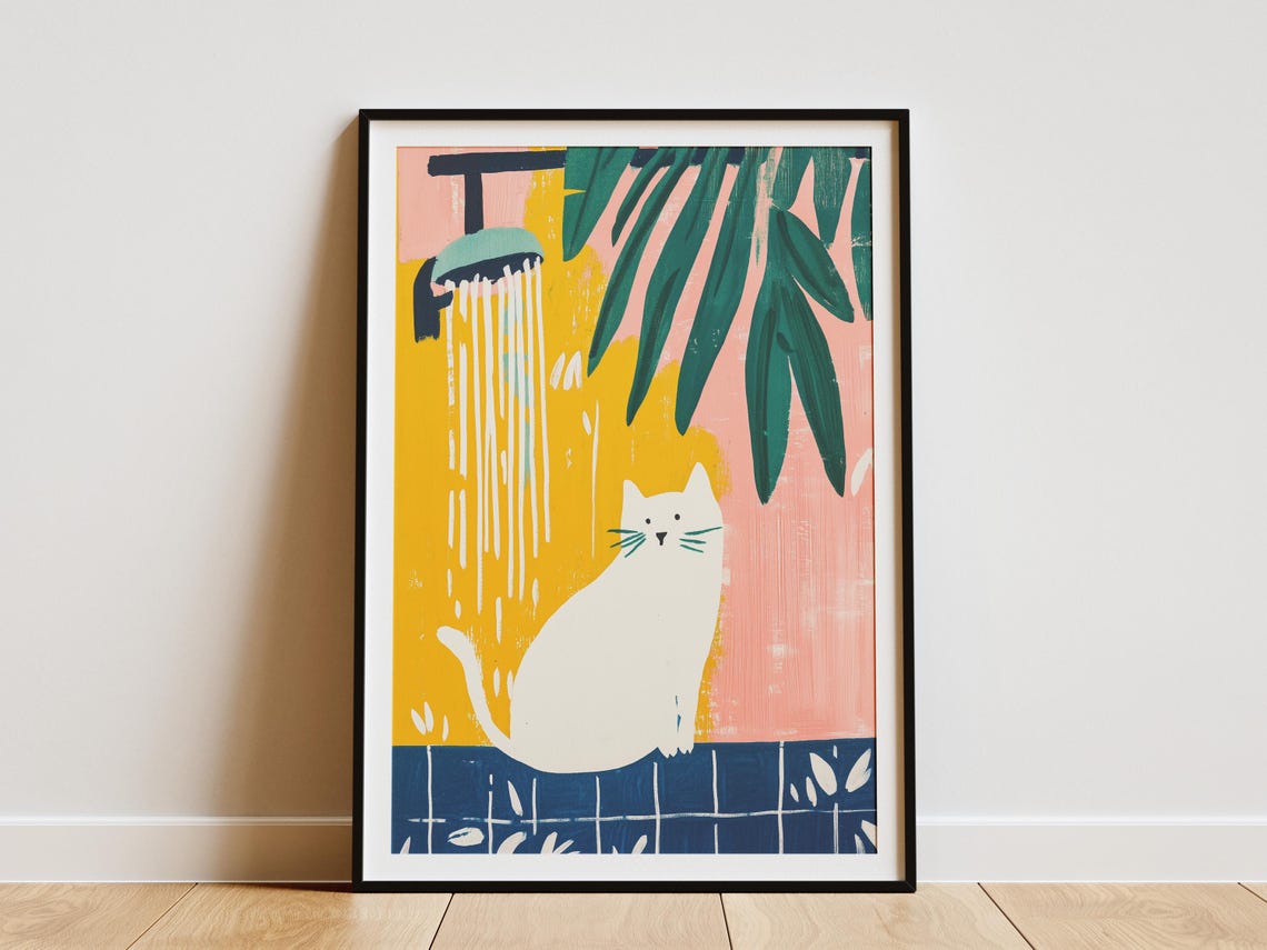 Cat In The Shower Gouache Print, Modern Bathroom Decor