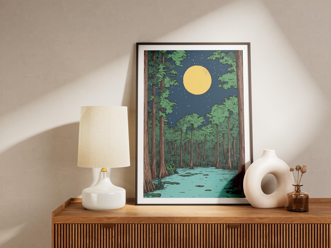 Congaree National Park Moonlit Swamp Forest With Golden Moon Night Poster - Image 4