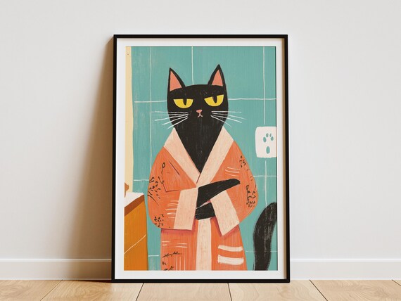 Black Cat in Coral Bathrobe Teal Bathroom Funny Cat Portrait Poster