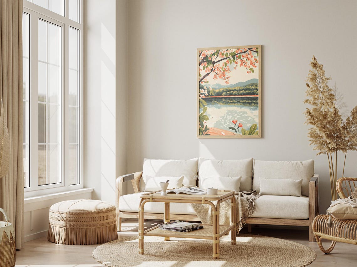 Blossoming Cherry Branch Over Calm Lake With Red Tulips Poster - Image 4