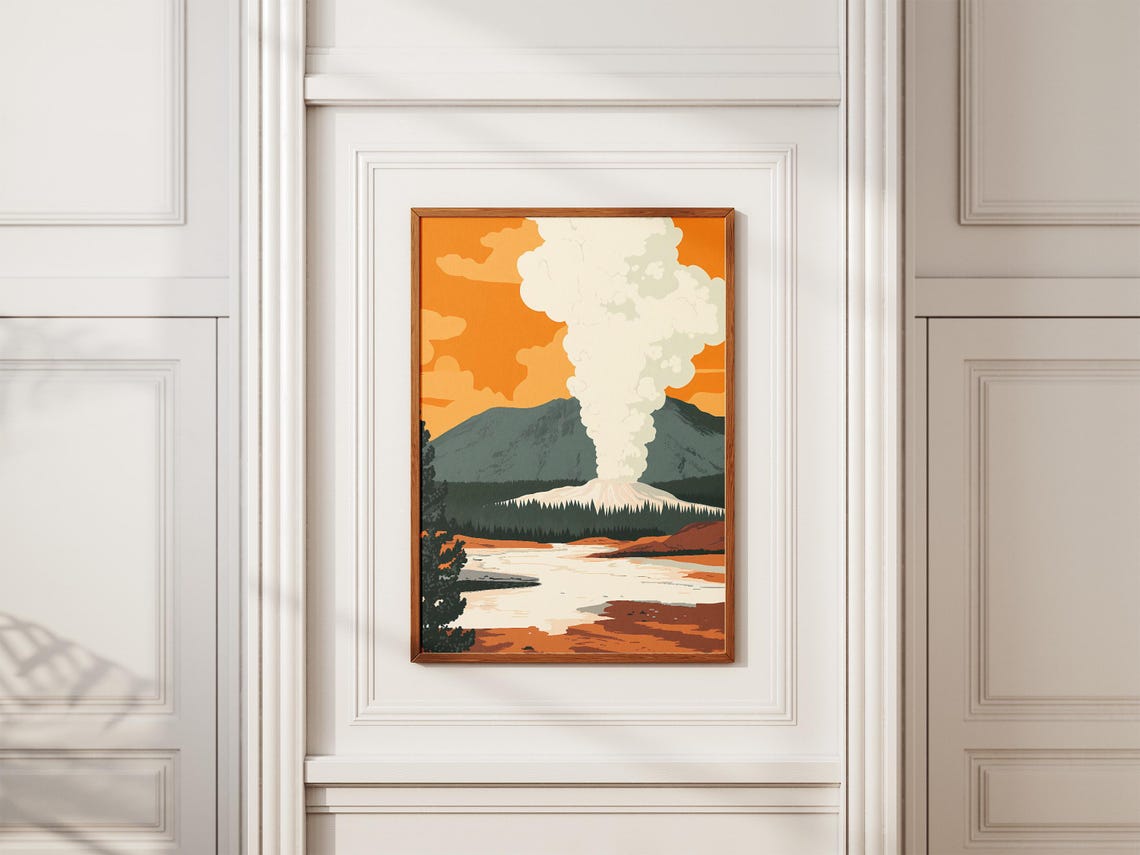 Valley Of Geysers Russia Federation Flat Illustration Poster Print Vintage Travel Russian Landscape Art Geyser Eruption Nature - Image 2