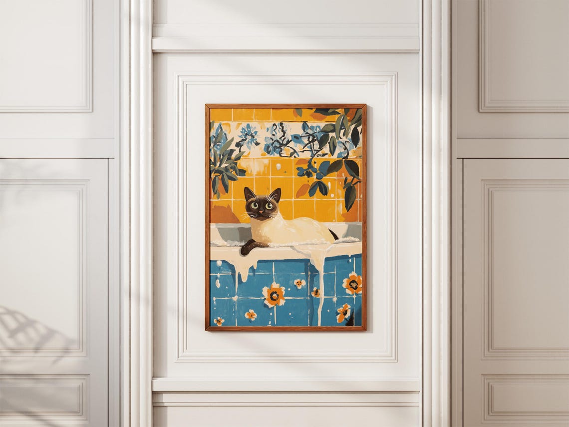 Siamese Cat on Bathtub Edge Floral Tile Retro Bathroom Cat Poster - Image 2
