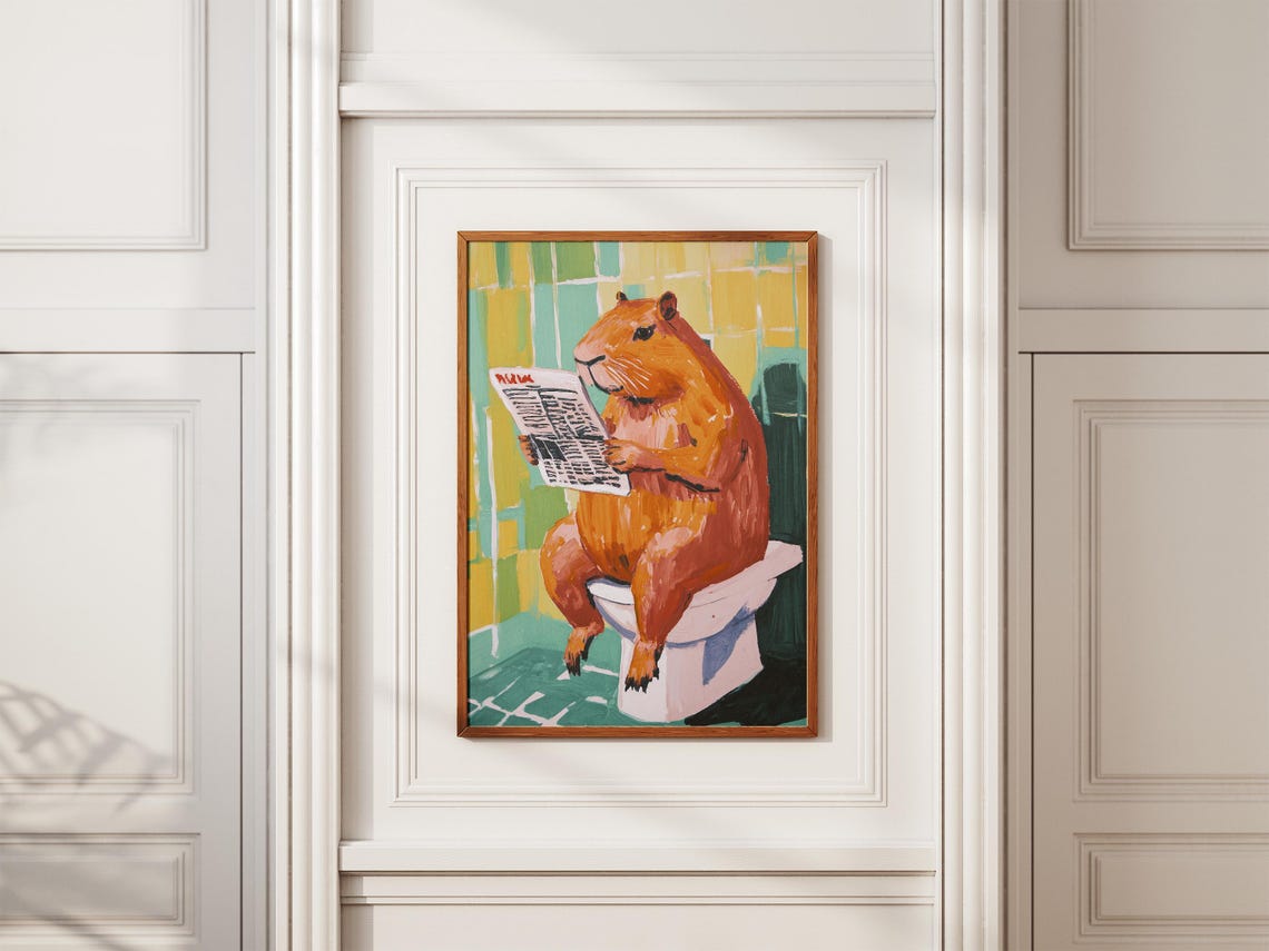 Capybara on Toilet Reading Newspaper Green Bathroom Funny Poster - Image 2