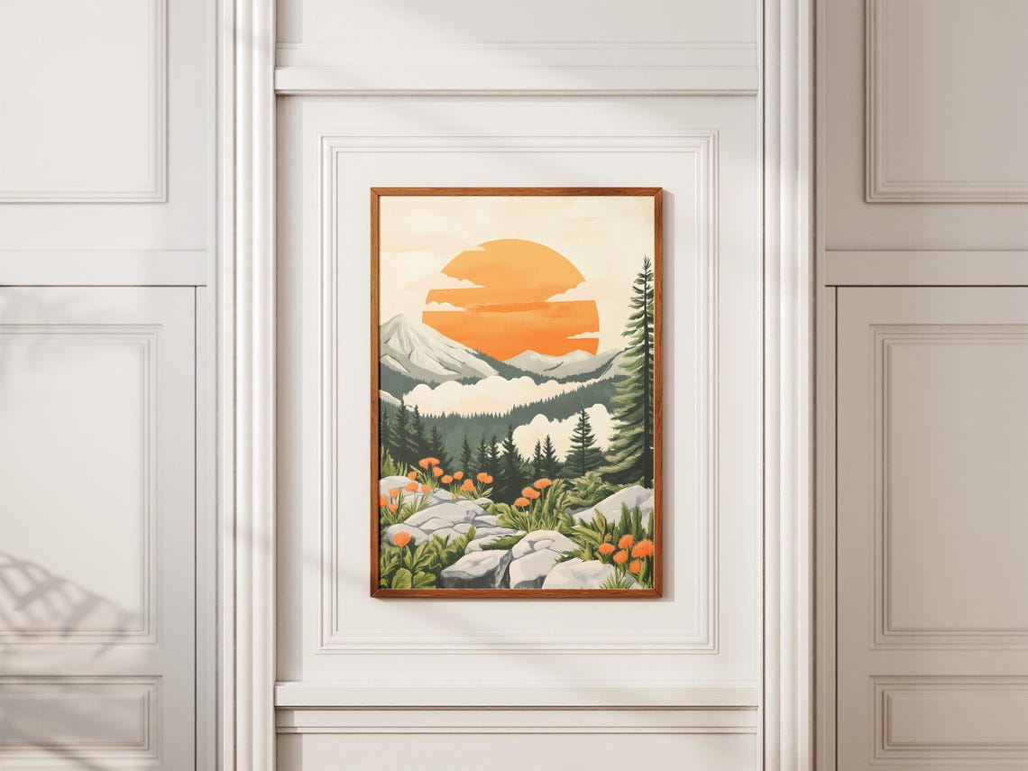 Giant Orange Sun Rising Behind Snowy Mountain Peaks at Dawn Poster - Image 2