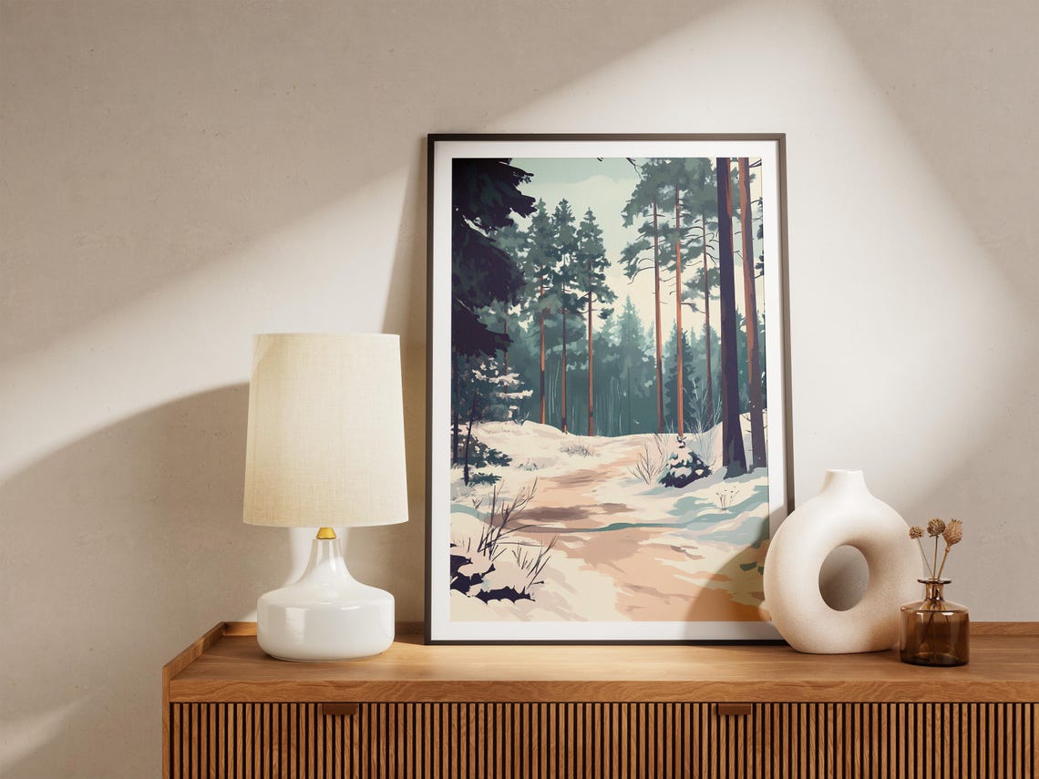 Snowy Forest Path Through Tall Pine Trees Winter Landscape Poster - Image 5
