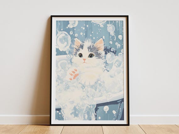 Norwegian Forest Kitten Art Print Baby Animal Poster Cute In Bathtub Illustration Whimsical Cat Wall Nursery Decor Lover Gift