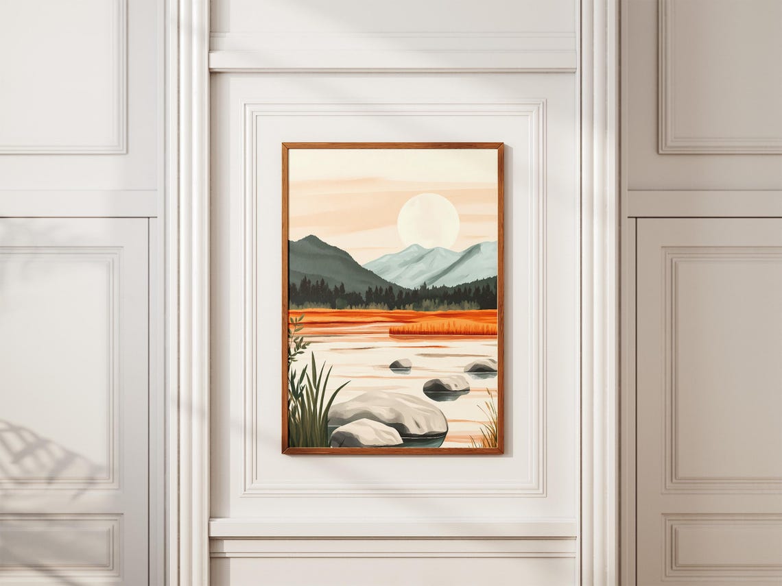 Moonrise Over Rocky Lake Shore Orange Water Evening Scene Poster - Image 2