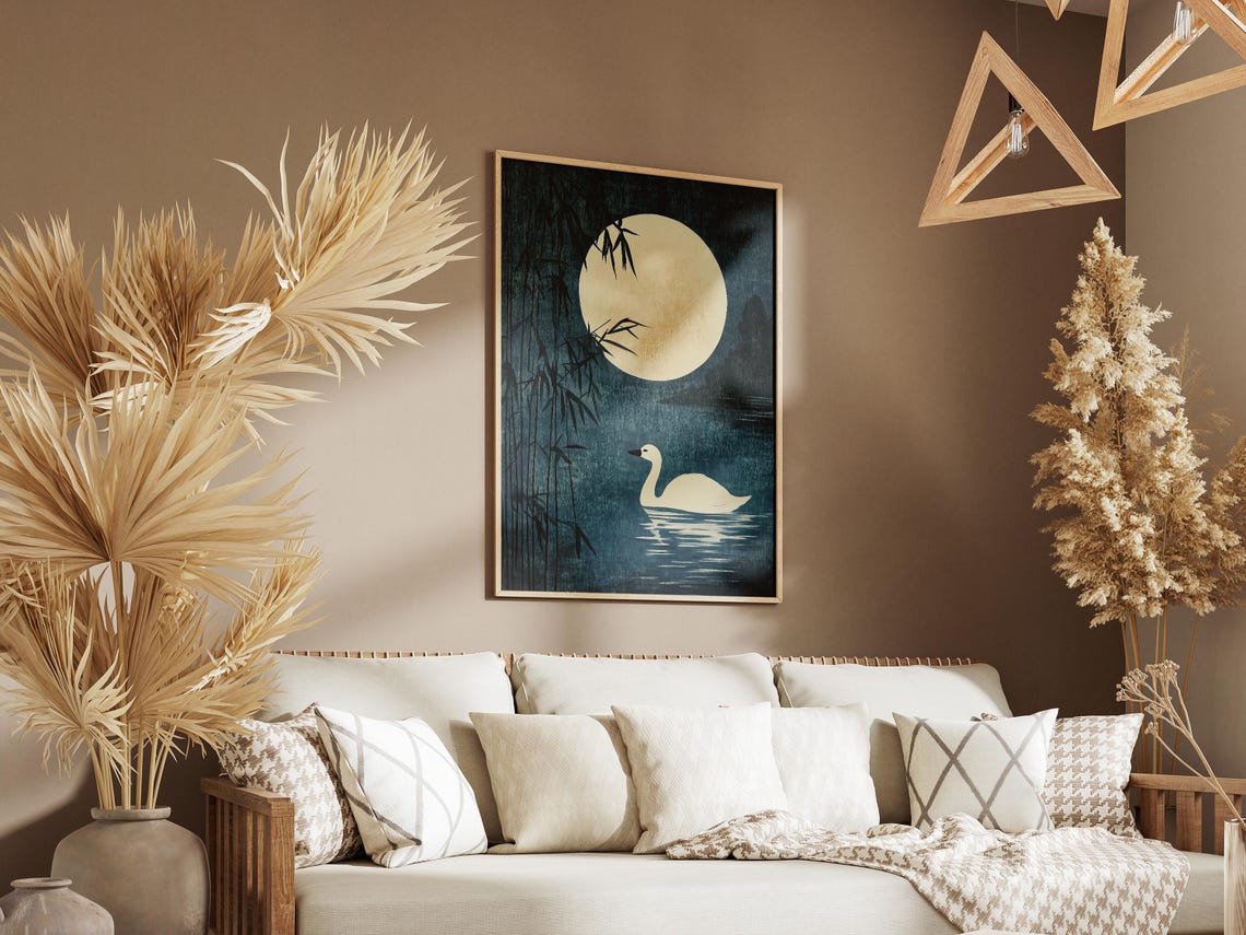 White Swan on Moonlit Lake with Bamboo Traditional Chinese Art Poster - Image 3