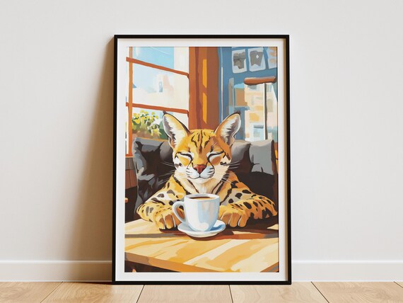 Ocelot Enjoying Coffee at a Sunny Cafe Window Artwork Poster