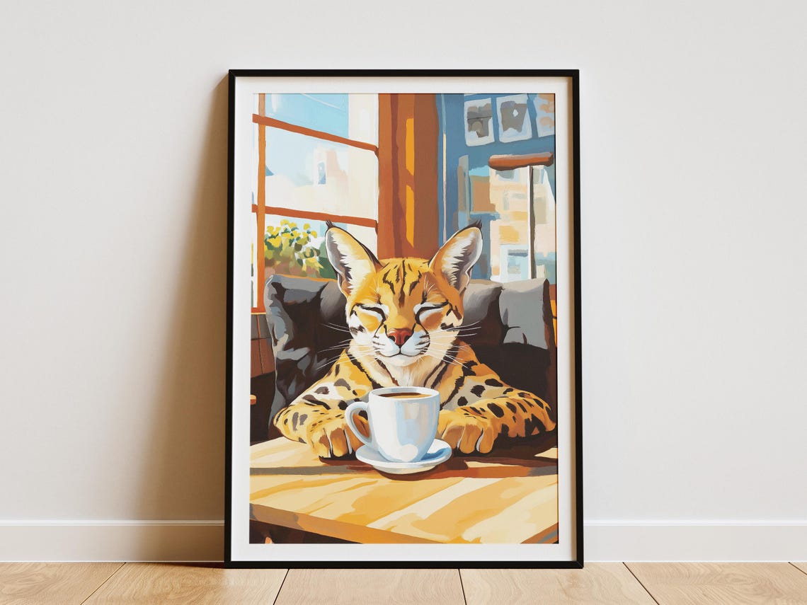 Ocelot Enjoying Coffee at a Sunny Cafe Window Artwork Poster