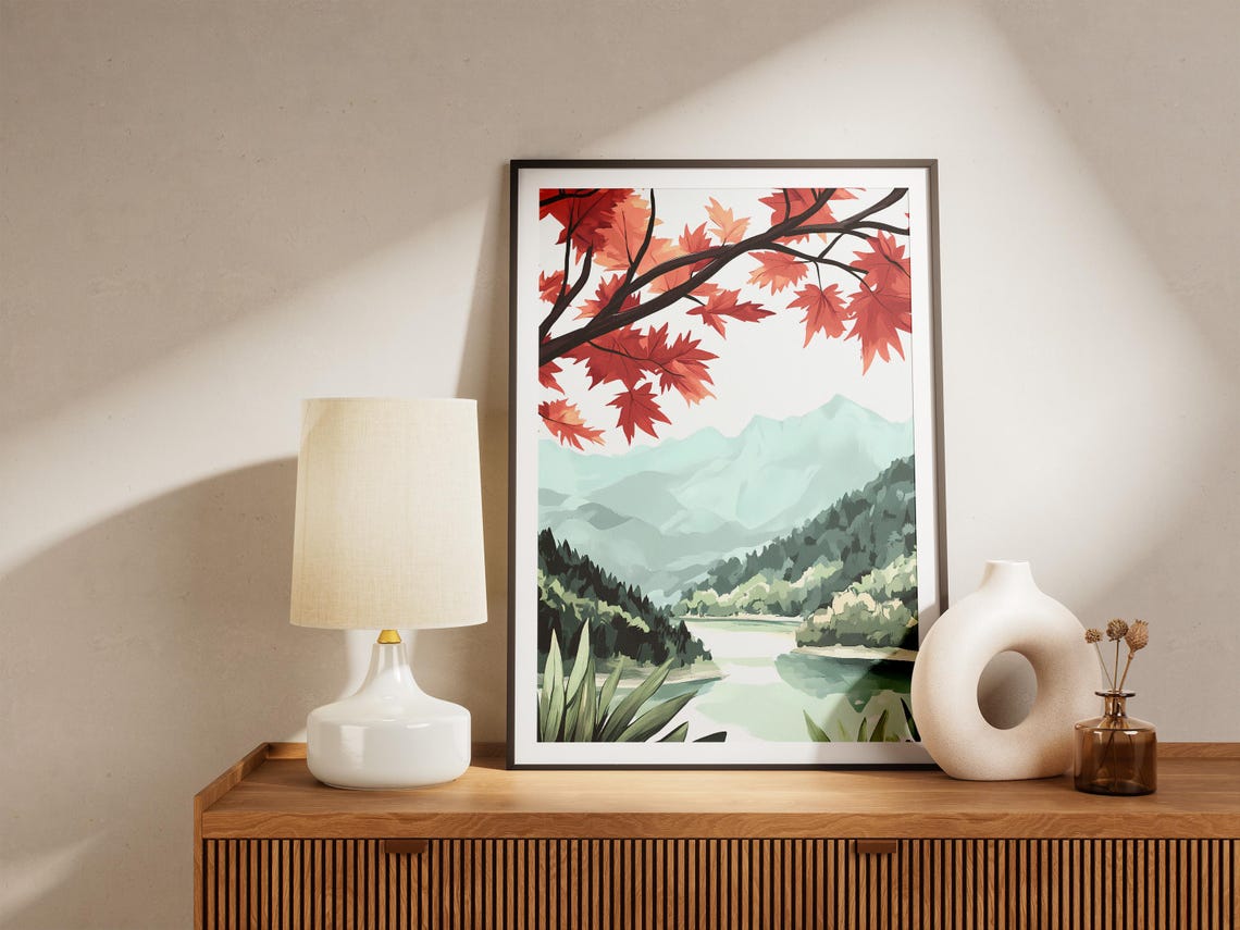 Fiery Red Maple Leaves Over a Misty Mountain Lake Autumn Poster - Image 5