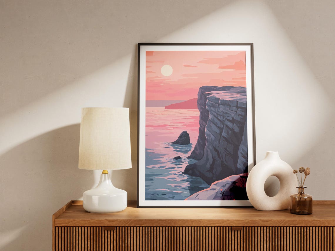 Pink Sunset Coastal Cliff Over Calm Sea Romantic Scene Poster - Image 5