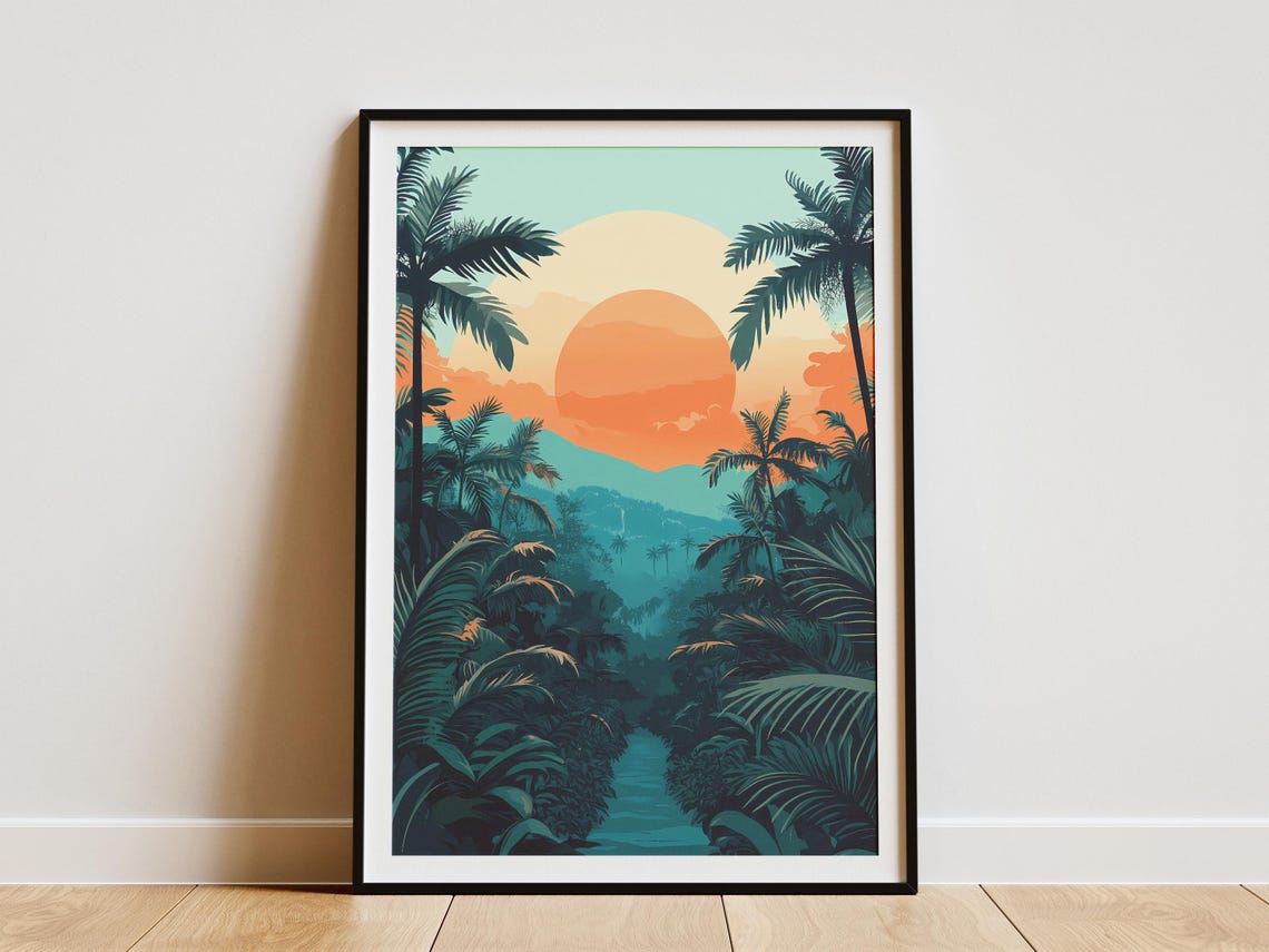 Tropical Jungle River Sunset Giant Orange Sun Palm Trees Poster