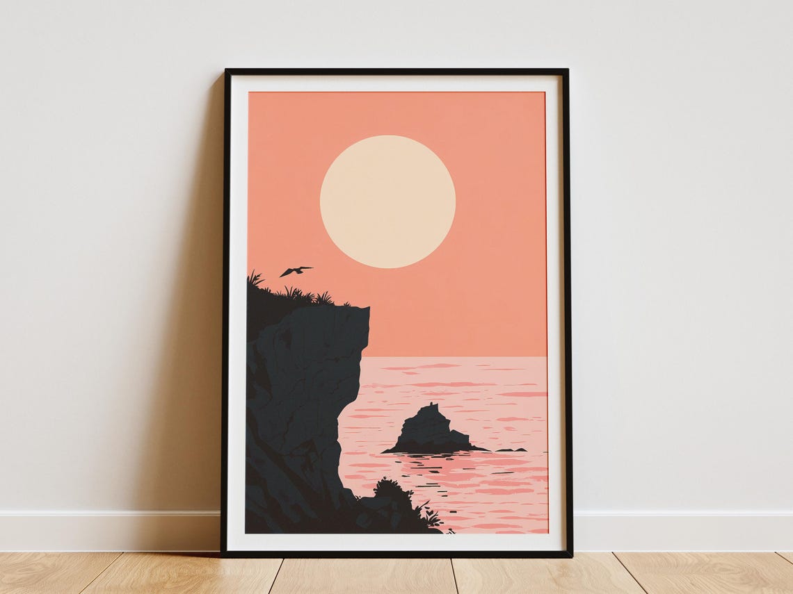 Coral Sunset Over a Black Cliff Silhouette and Pink Sea Poster