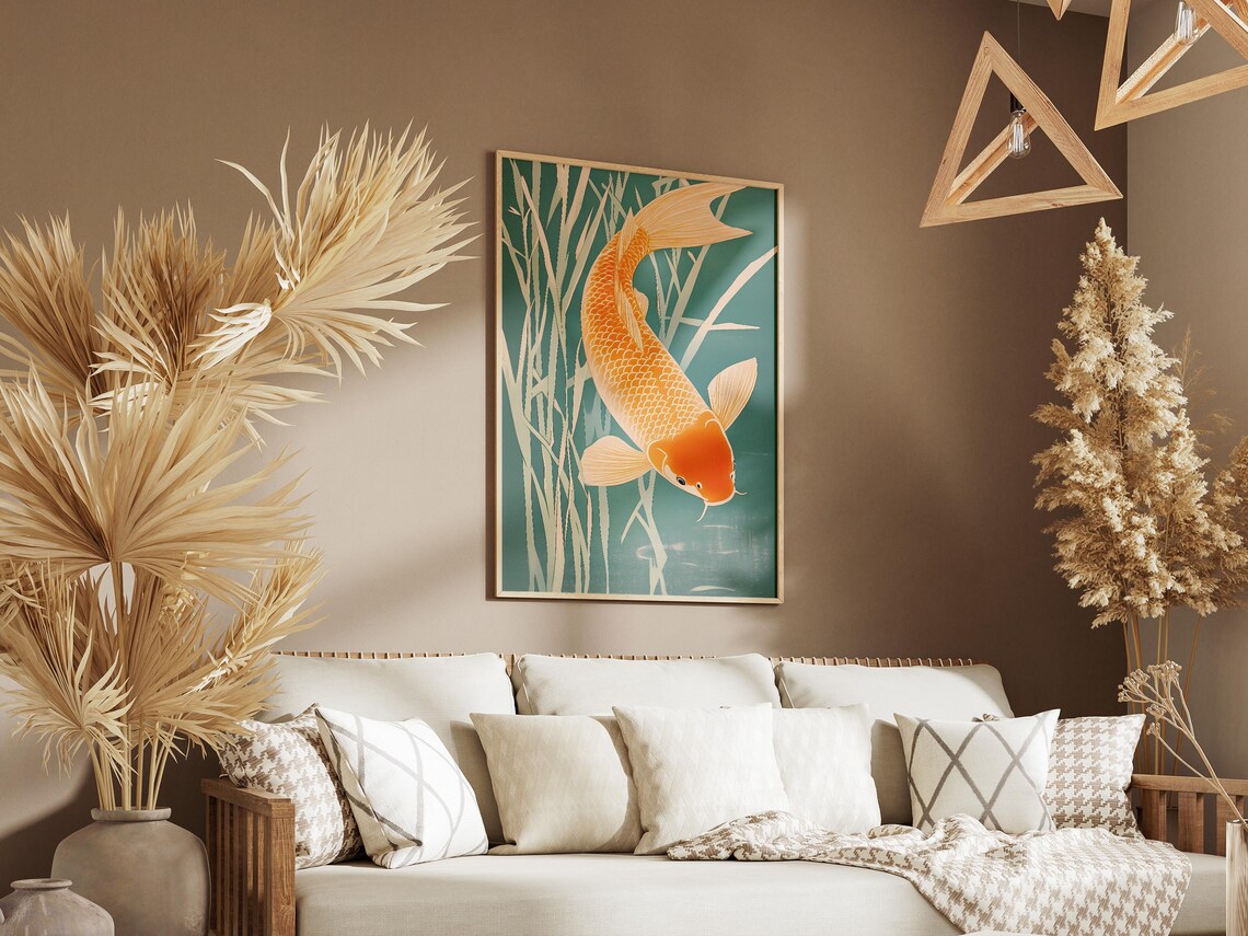 Golden Koi Fish Swimming Teal Water Japanese Style Art Poster - Image 3