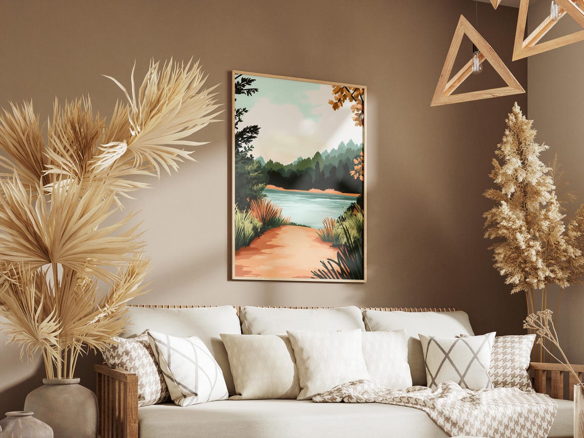 Peaceful Lake Path Through Autumn Reeds and Woodland Art Poster - Image 3