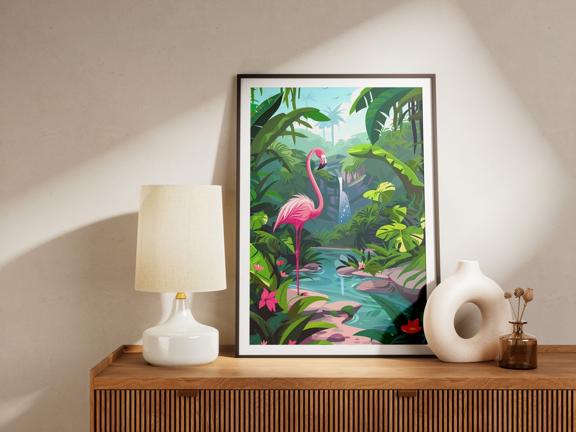 Pink Flamingo Jungle Stream Lush Oasis Paradise Tropical Poster - Image 2