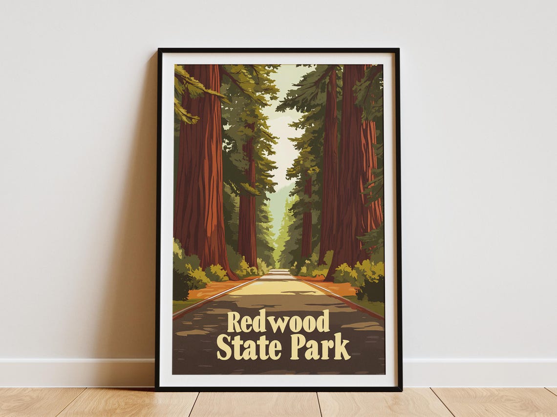 Redwood State Park Road Through Giant Trees Vintage Poster Scenic