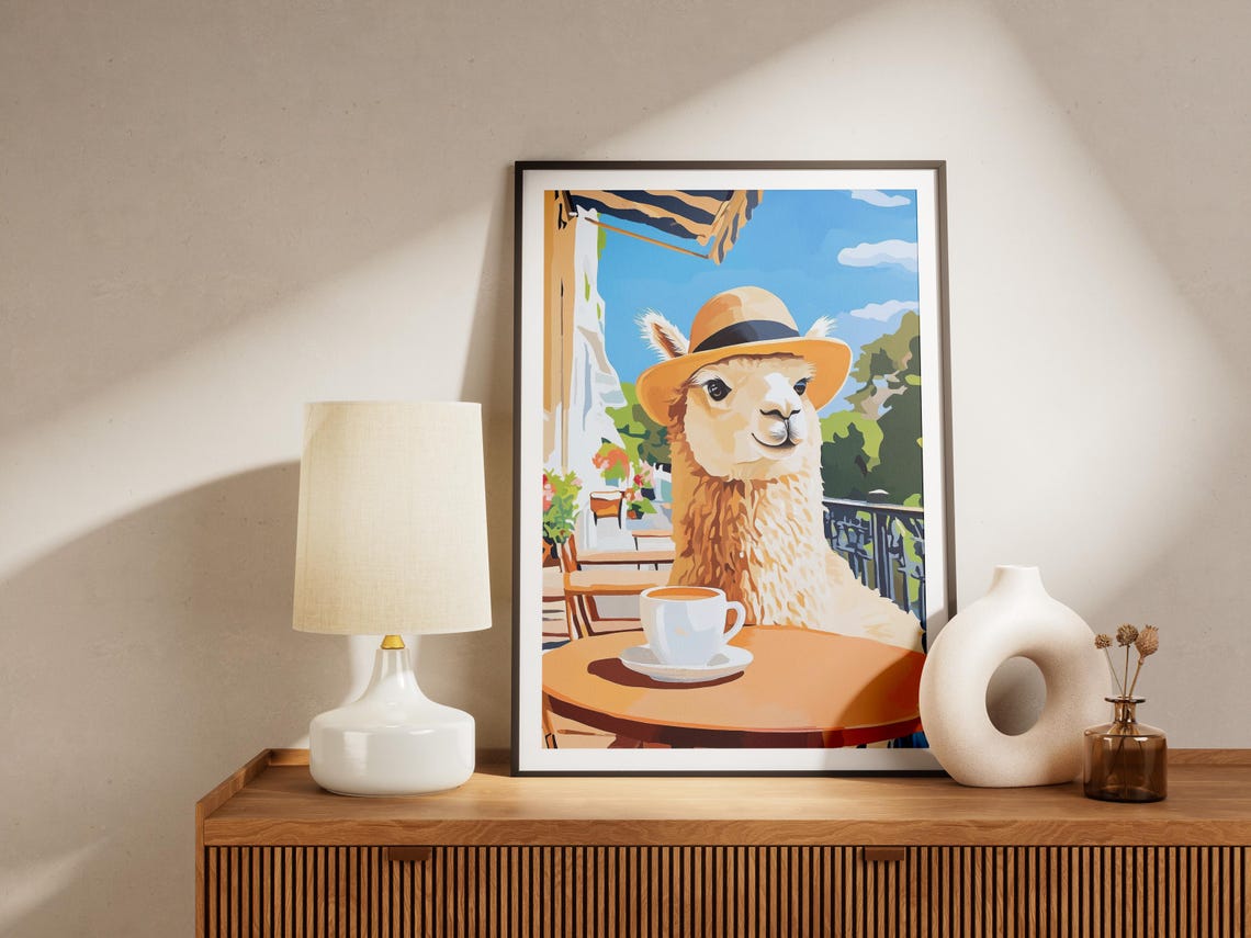 Alpaca in a Straw Hat at an Outdoor Cafe Table with Coffee Poster - Image 4