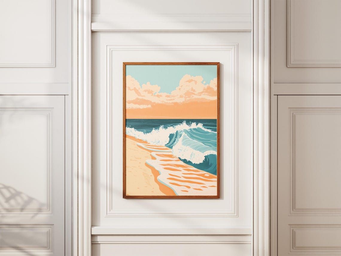 Curling Teal Wave and White Seafoam on Golden Sand Beach Poster - Image 2
