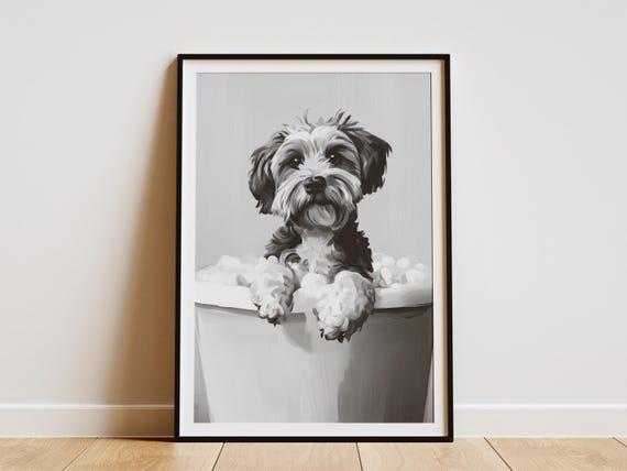 Havanese Dog In Bathtub Art Print Puppy Bubble Bath Poster Black And White Wall Cute Pet Portrait For Bathroom Decor Lover Gift