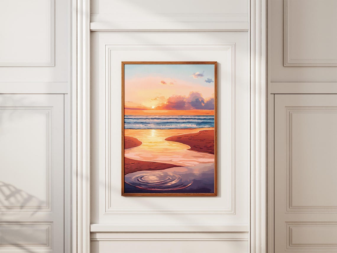 Sunset Beach Tide Pools with Rippled Purple Reflections Poster - Image 2