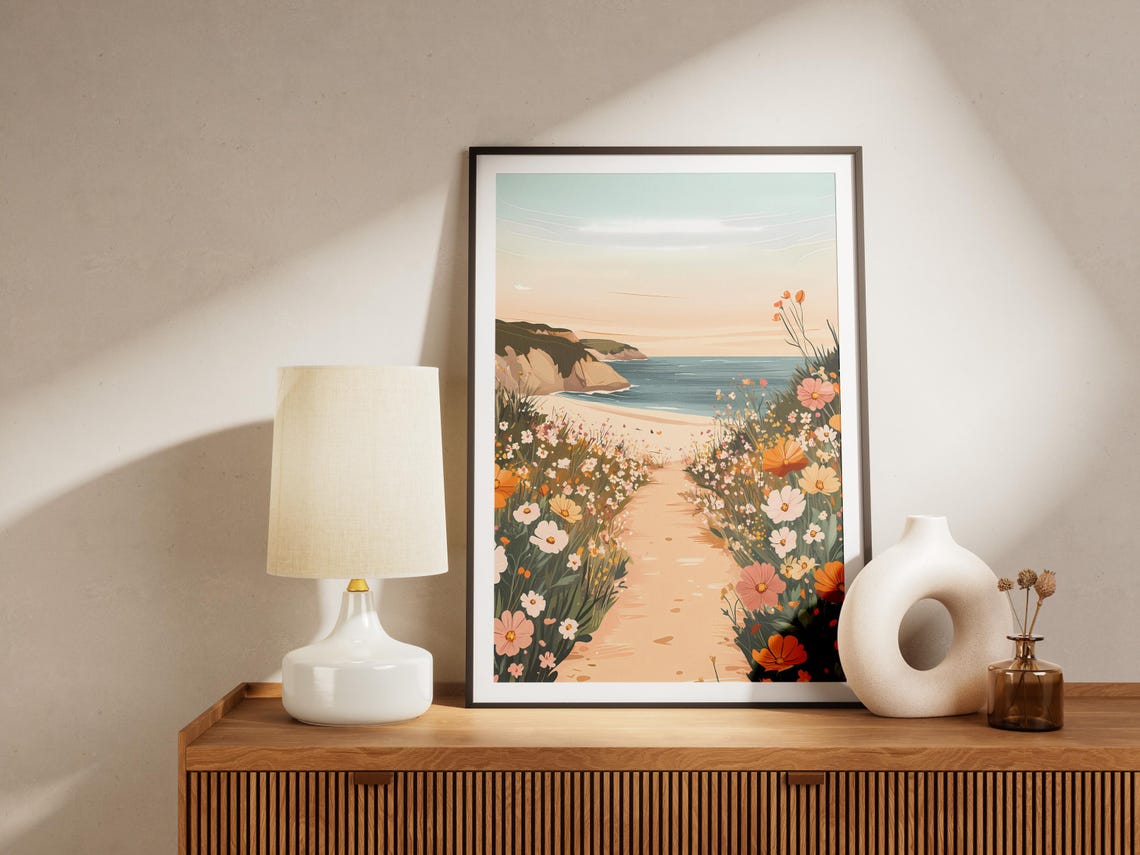 Coastal Wildflower Path Sunset Beach Dunes Romantic Art Poster - Image 4