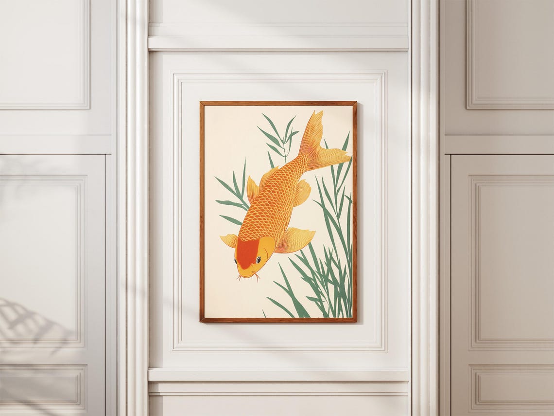 Golden Koi Fish Swimming Among Green Reeds Cream Background Poster - Image 2