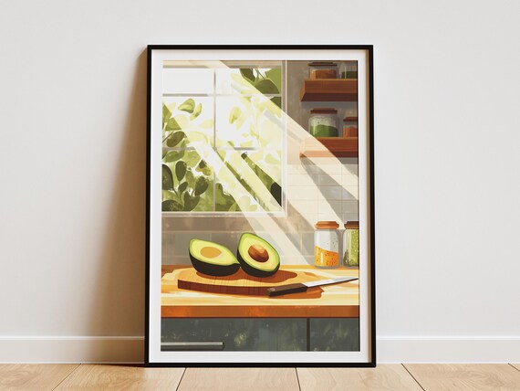 Avocado Toast Kitchen Poster Sunlit Kitchen Print Wooden Board Art Minimalist Food Illustration Modern Kitchen Decor Sliced Avocado Poster