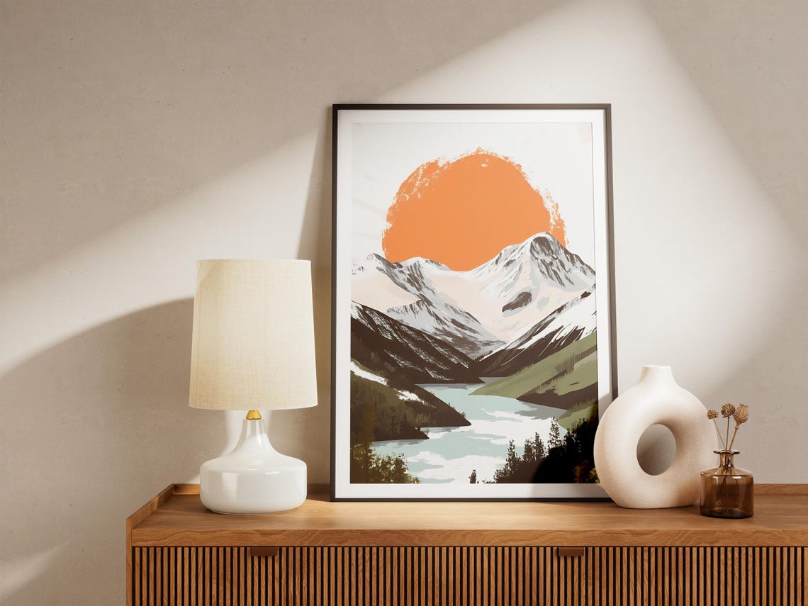Brushstroke Sun Over Snowy Mountains Alpine Lake Scenic Poster - Image 5