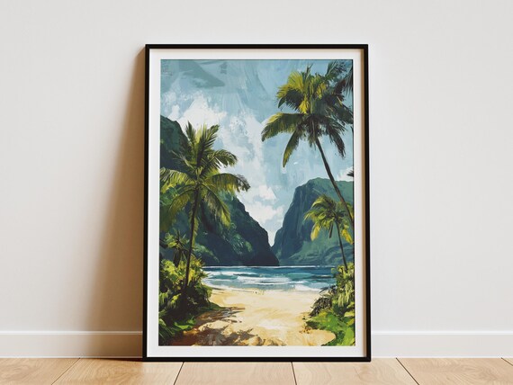 Tropical Beach with Palm Trees Green Cliffs Ocean Escape Poster