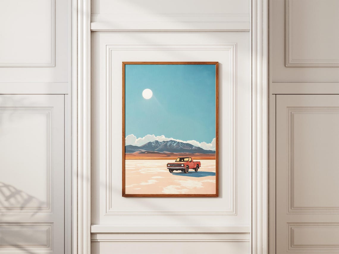Vintage Red Pickup Truck on Vast Desert Salt Flat Poster Road Trip - Image 2